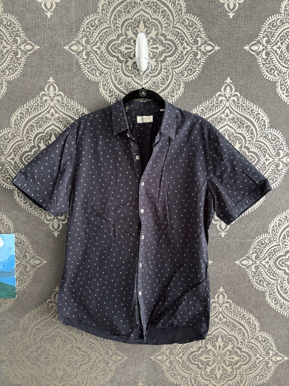 7 Diamonds Men's Navy Short-Sleeve Button-Down with White Micro Print
